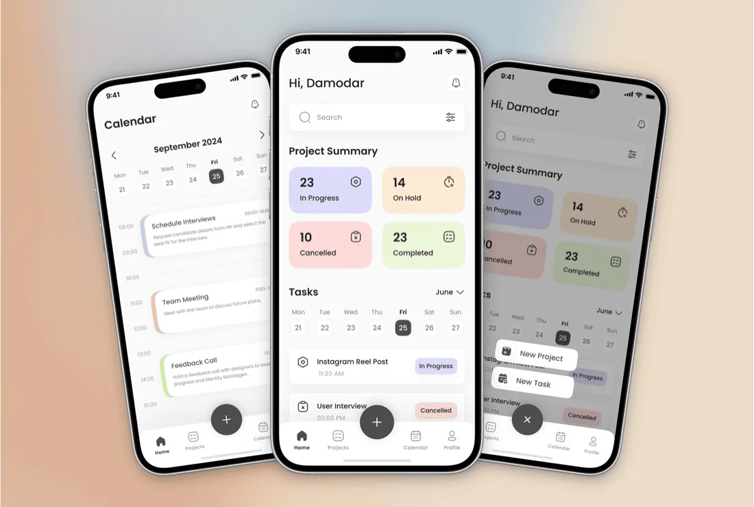 Project management mobile app screens