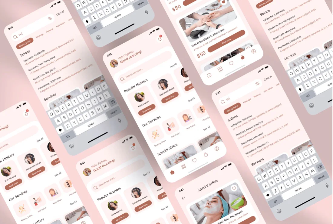 Salon booking app screens